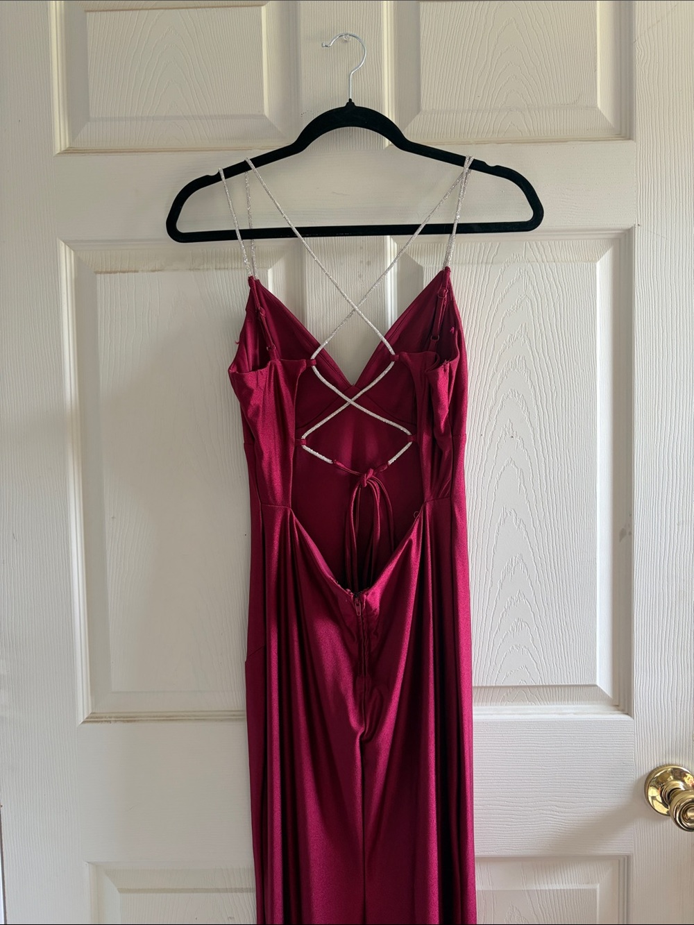 Elegant Burgundy Prom Gown with Diamond Crisscross Straps
